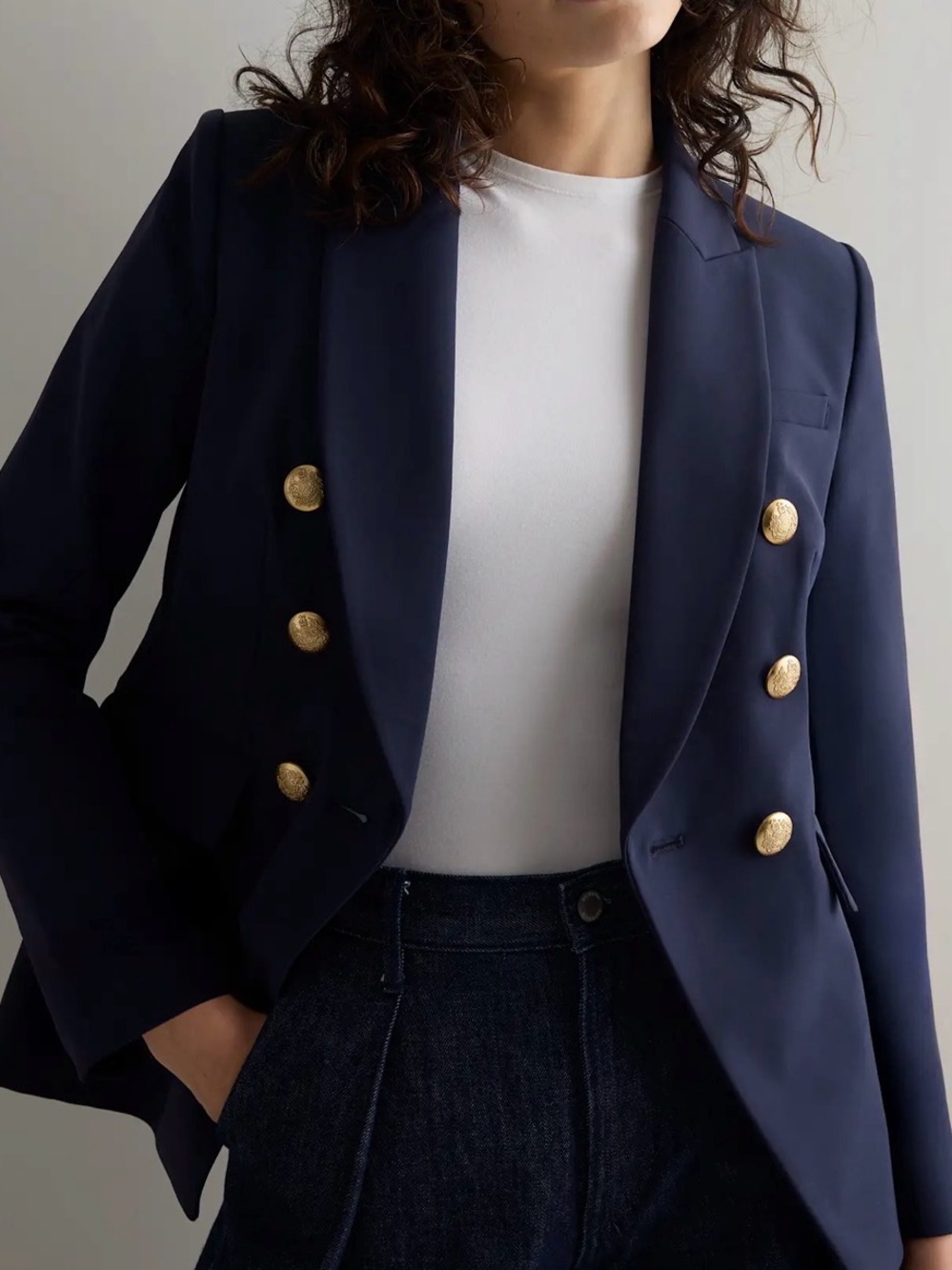 Quince Scuba Women's Navy Double-Breasted Blazer with Gold Buttons
